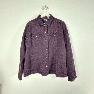 Chico's Womens Size 3 Purple Textured Floral Button-Up Shirt Jacket Long Sleeves